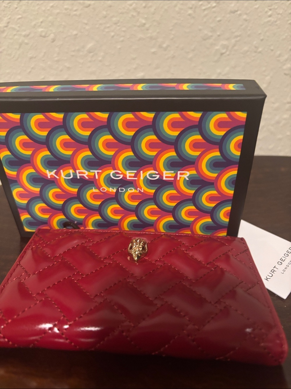 Kurt Geiger Cherry Red Quilted Patent Wallet with Gold Bee Accent